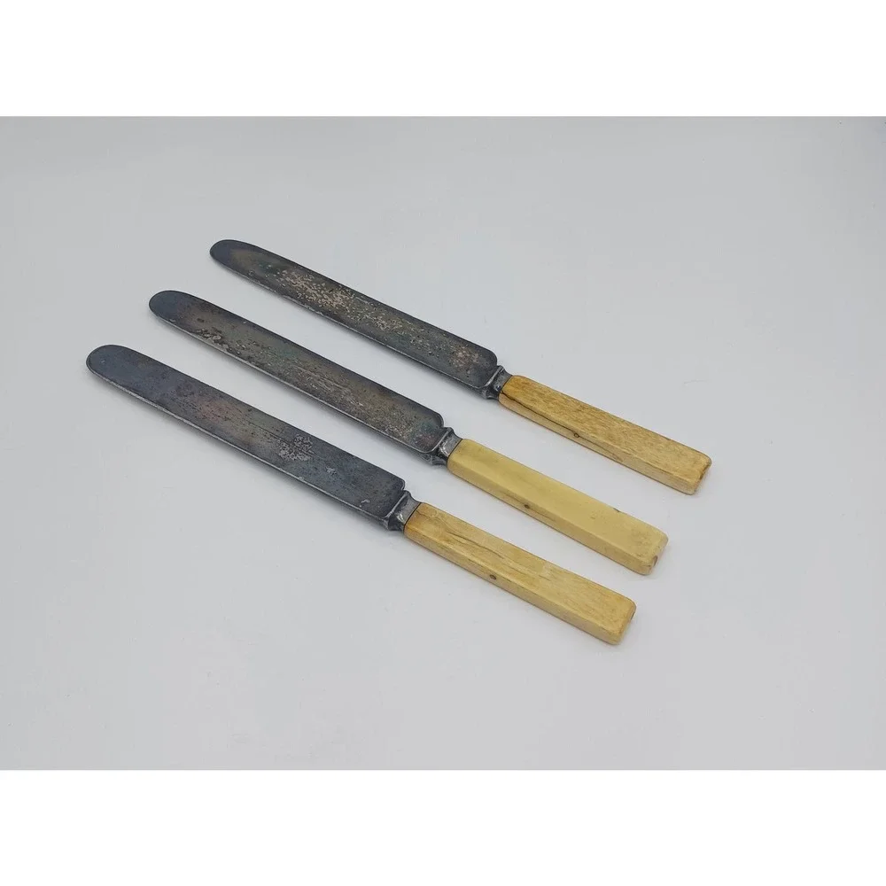 Antique Set 3 Lamson & Goodnow Dinner Knives Bone Handle Silverplate Victorian